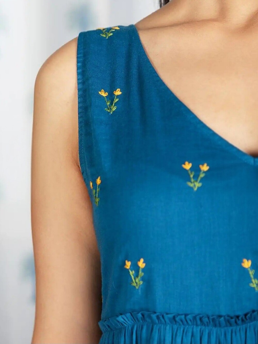 Blue Floral Embroidered A-Line Midi Dress Sleeveless V-Neck Flared Rayon Cotton - Picture 3 of 4